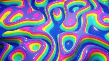 Fototapeta na wymiar 3d rendering. Abstract wavy pattern on bright glossy surface, liquid gradient rainbow color, waves on paint fluid. Glitters on viscous 3d liquid. Creative backdrop