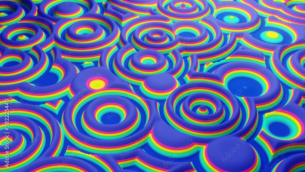 Poster 3d rendering. abstract wavy pattern on bright glossy surface, liquid gradient rainbow color, waves o