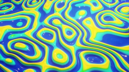 3d rendering. Abstract wavy pattern on bright glossy surface, liquid gradient blue green, waves on paint fluid. Glitters on viscous 3d liquid. Creative backdrop