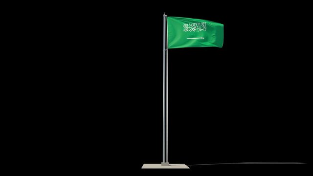 Saudi Arabia flag on a flagpole in full growth waving in the wind. You can cut this footage from the background (Luma Mattes). Kingdom of Saudi Arabia.