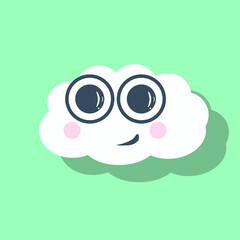 Cute postcard with cheerful cloud, colorful vector illustration of smiling face, two pink and round blushes, isolated icon
