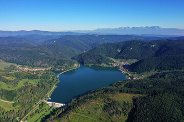 Fototapeta na wymiar Aerial view of the Palcmanska Masa reservoir in the village of Dedinky in Slovakia