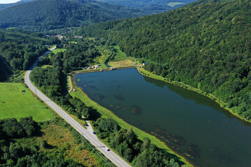 Aerial view of a water reservoir in the town of Dobsina in Slovakia