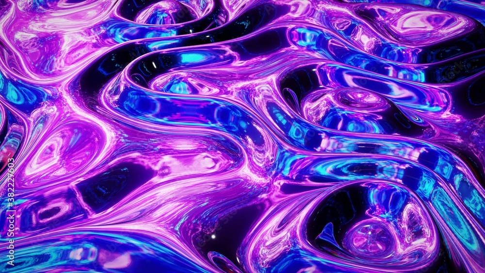 Poster 3d rendring abstract iridescent fluid background. beautiful wavy glass surface of liquid with patter