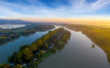 Luppa island on Danube river near by Budapest hungary.  Amazing panoramic landscape in the morning time.