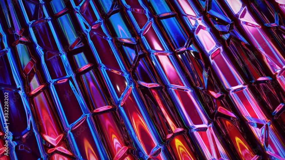 Poster 3d rendring abstract iridescent fluid background. beautiful wavy glass surface of liquid with patter