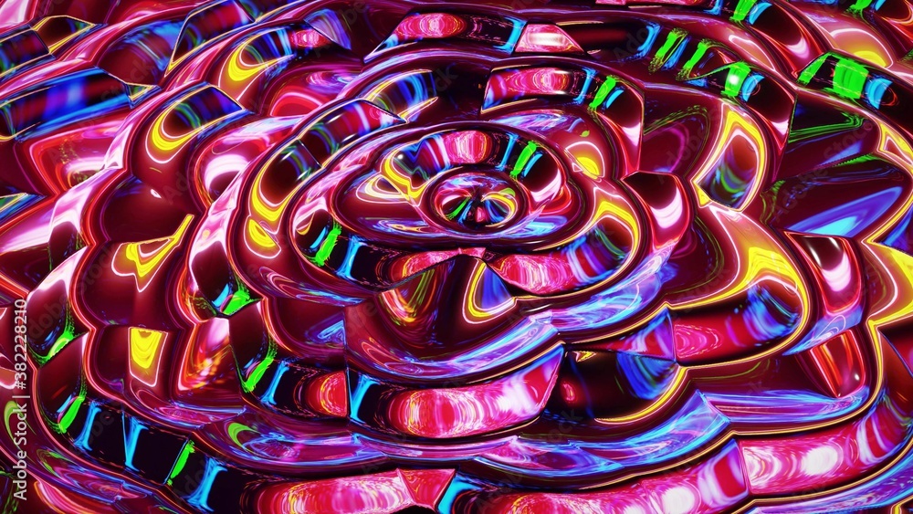 Poster 3d rendring abstract iridescent fluid background. beautiful wavy glass surface of liquid with patter