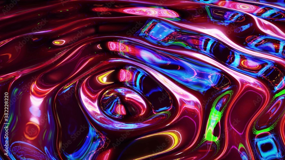 Poster 3d rendring abstract iridescent fluid background. beautiful wavy glass surface of liquid with patter