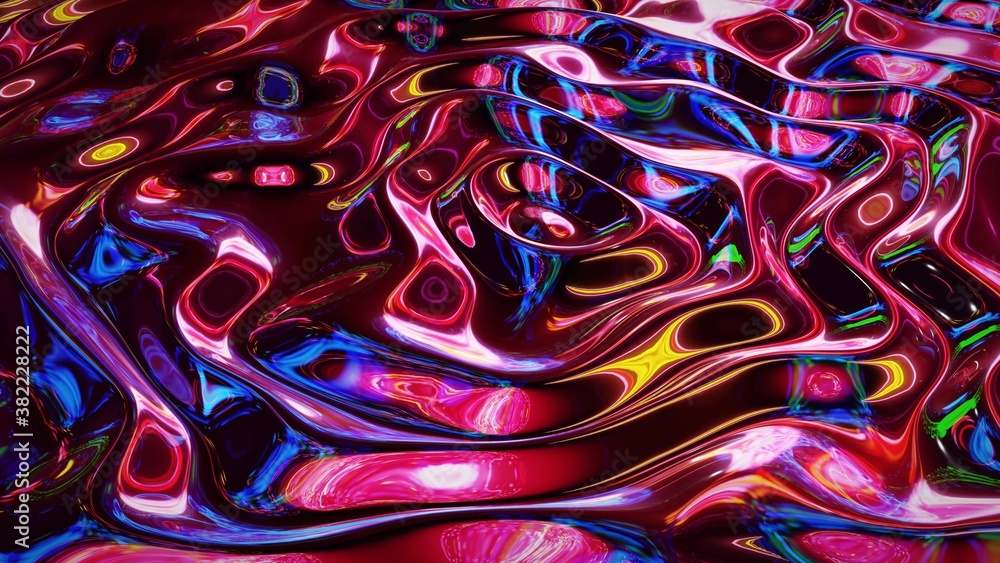 Poster 3d rendring abstract iridescent fluid background. beautiful wavy glass surface of liquid with patter
