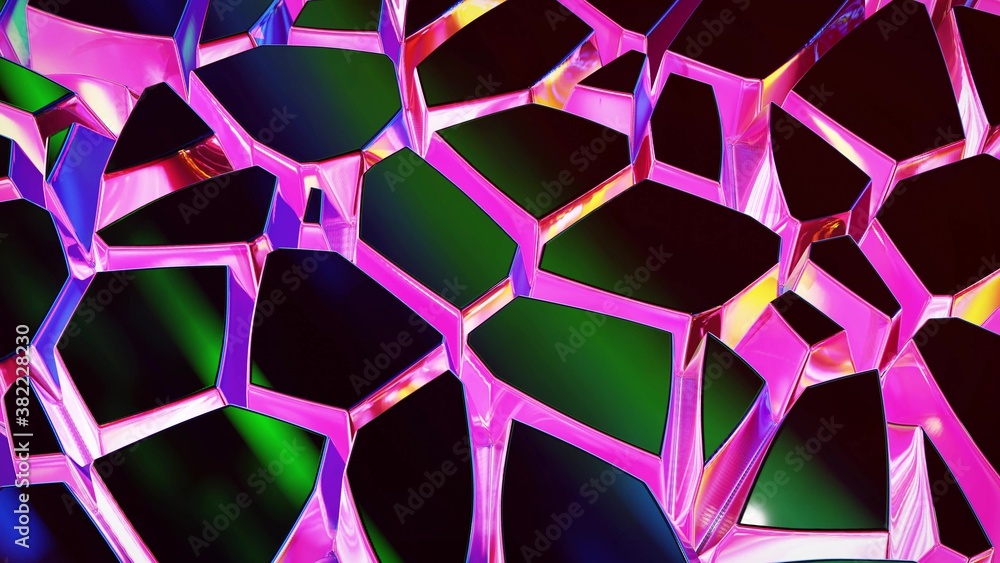 Poster 3d rendring abstract iridescent fluid background. beautiful wavy glass surface of liquid with patter