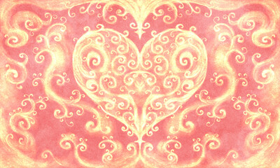 exquisite lace big heart on a pink background, heavily decorated, with a frame. Romantic background with magic patterns