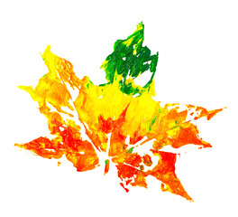 Gouache paint silhouette red orange yellow green autumn leave silhouette imprint. A blot spot...