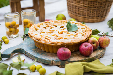 Freshly baked apple pie close up, selective focus, close up