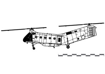 Piasecki H-21 Workhorse, Shawnee. Vector drawing of military transport helicopter. Side view. Image for illustration and infographics.