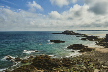 Fort National on the beach at low tide in Saint Malo, Brittany, France