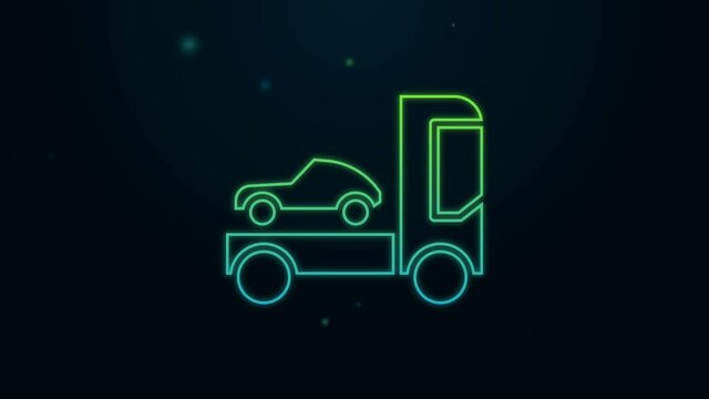 Glowing neon line Car transporter truck for transportation of car icon isolated on black background. 4K Video motion graphic animation