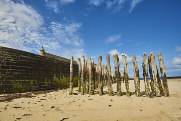 Wooden Poles on the beach at low tide in Saint Malo, Brittany, France