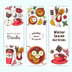Mulled wine, winter hot drink. Hand drawn. Vector illustration. Hot drinks for design. Christmas invitation design template. Banner collection. Christmas bar menu. Mulled wine, coffee and tea