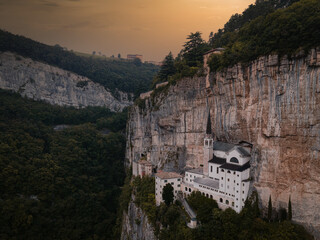 Aerial view of Madonna della Corona Sanctuary at sunset