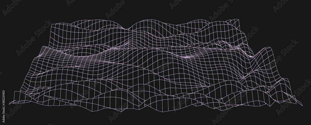 Poster Abstract technology background with warped and distorted grid. Vaporwave and synthwave style illustration like in old video arcade games.