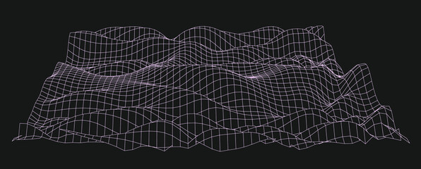 Abstract technology background with warped and distorted grid. Vaporwave and synthwave style illustration like in old video arcade games.