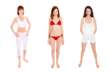 Full length portraits of three beautiful athletic women wearing sportswear, isolated in front of white background