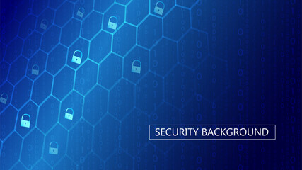 Cyber security concept. Personal data protection. Secure connection whith binary code. Analysis of information. Abstract technology blue background with lock and hexagons. Vector illustration.