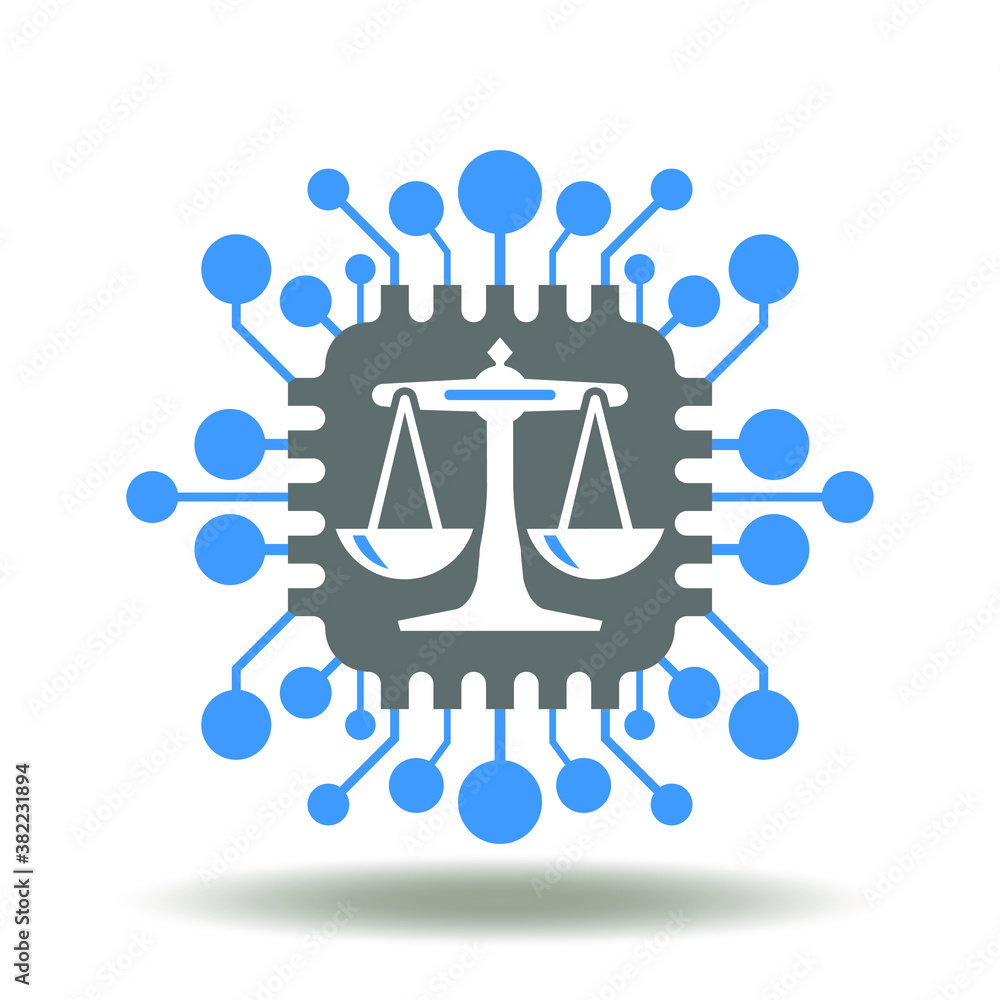 Poster micro processor and scales icon vector. law logo. digital legislation computer data symbol.