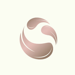 Letter O logo.Typographic icon with letter o made of leaves. Lettering initial shape in rose gold metallic color isolated on light background.Alphabet character with nature elements.