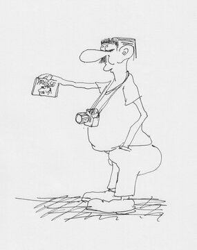 Karikatur eines Mannes, der Presseausweis zeigt. Zeichnung