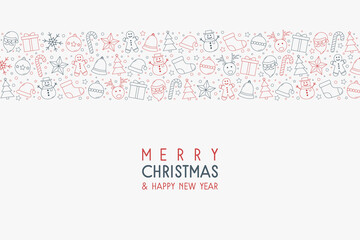 Merry Christmas and Happy New Year. Greeting card with Xmas icons and wishes. Vector