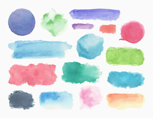 Set of colorful watercolor blotches on textured paper. Paint stains isolated on white