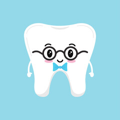 Stylish cute tooth in glasses with blue bow tie. Vector illustration happy healthy kawaii boy character. Flat design cartoon style tooth concept of children s dentistry.