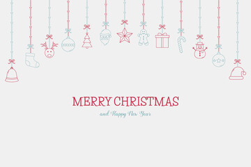 Minimalist Christmas background with hanging ornaments and wishes. Xmas greeting card. Vector