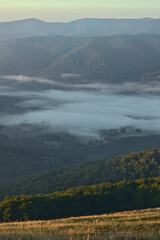 The valley in the Bieszczady Mountains is covered with dense fog and surrounded by undulating green mountains © Paweł Kowalczuk