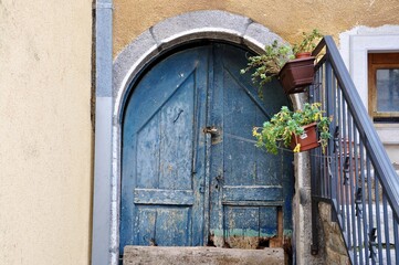 Fototapeta na wymiar old door with flowers, mediterranean background, Croatia. Old blue door with flowers, brick frame.
