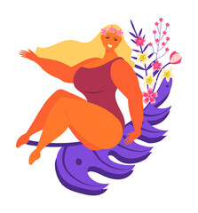 Feminism, body positive concept vector. Beautiful white woman with long waving hair and tropical flowers is sitting on palm leaf. International women day in March illustration. 
