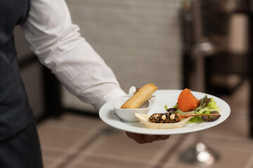 waiter holds a delicious plate of food