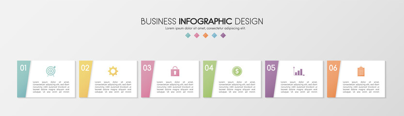 Business infographic template with icons and 6 options. Timeline. Vector
