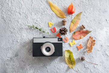 Top view of layout with vintage camera, word autumn, fallen leaves, acorns. Autumn concept
