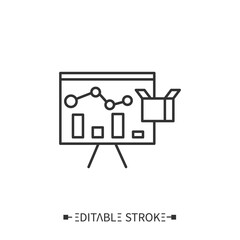 Product presentation line icon. Promotion. New product introduction. Business presentation conference. Presentation event. Stages and elements of a successful production cycle. Editable stroke