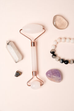 Self Care Feminine Flat Lay With Crystals, Amethyst, Jade Roller Symbolizing Balance