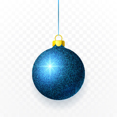 Blue shiny glitter glowing Christmas ball. Xmas glass ball. Holiday decoration template. Vector illustration