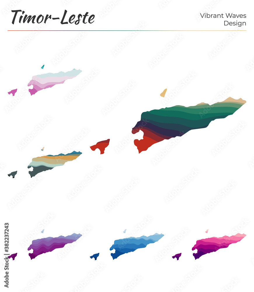 Poster set of vector maps of timor-leste. vibrant waves design. bright map of the country in geometric smoo