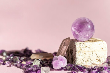 Crystal minerals for meditation on pink background. Magic Rock for Healing stones.