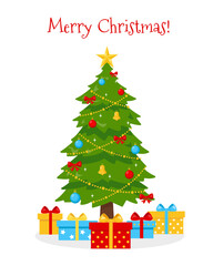 Decorated Christmas tree with gifts in boxes