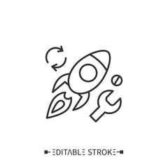 Launch optimization line icon. Production management. Launching a new innovation product on a market. Startup. Stages and elements of a successful production cycle. Editable stroke