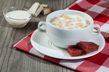 Food Antioquia / Colombia; Mazamorra made with corn served with sweet guava.