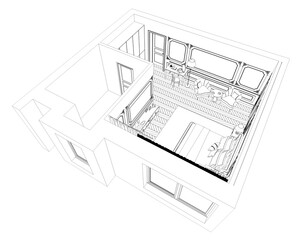 interior contour visualization, 3D illustration, sketch, outline