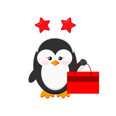 Cute christmas penguin girl with x-mas gift package isolated on white background - penguin head accessory with stars with present. Flat design cartoon style vector illustration.